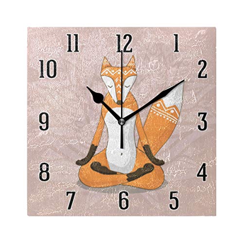 Mr.XZY Fox 2010113 - Reloj de pared cuadrado para yoga, diseño de animales, funciona con pilas, silencioso, fácil de leer en casa/oficina/escuela