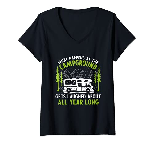 Mujer Campground Camping Remolque RV Campers tomaron grandes recuerdos Camiseta Cuello V