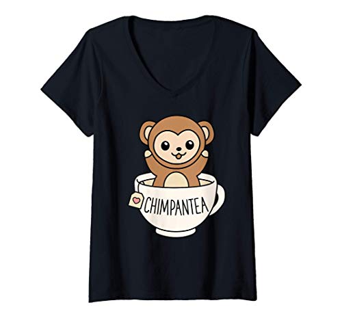 Mujer Chimpantea Cute Chimpanzee Tea Gift Funny Pun Monkey Camiseta Cuello V