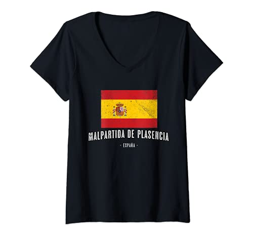 Mujer Malpartida de Plasencia España | Souvenir Ciudad - Bandera - Camiseta Cuello V