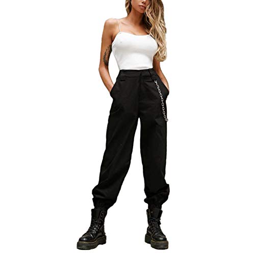 Mujer Pantalones de Cargo Pantalón Suelto Casual Deportivo Pants de Color Sólido Pantalones Joggers de Moda para Baile Deportes al Aire Libre (Negro, XL)