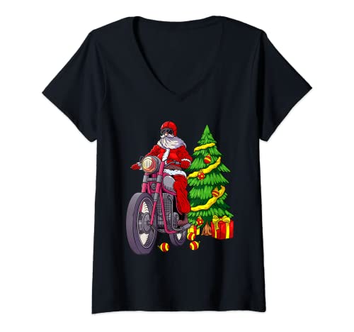 Mujer Santa On Motorcycle Biker Men Women Christmas Motorbike Gift Camiseta Cuello V