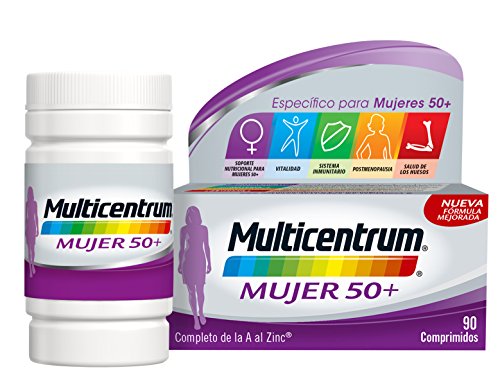 Multicentrum Mujer 50+ Complemento Alimenticio Multivitaminas con 13 Vitaminas y 11 Minerales, Sin Gluten, 90 Comprimidos