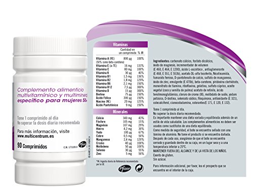 Multicentrum Mujer 50+ Complemento Alimenticio Multivitaminas con 13 Vitaminas y 11 Minerales, Sin Gluten, 90 Comprimidos