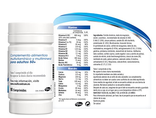 Multicentrum Select 50+ Complemento Alimenticio Multivitaminas con 13 Vitaminas y 11 Minerales, Sin Gluten, 90 Comprimidos