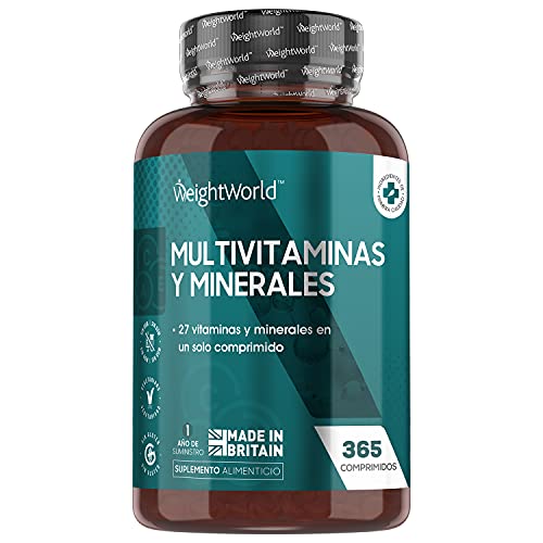 Multivitaminas y Minerales 365 Comprimidos Vegetales - 27 Vitaminas y Minerales Esenciales, Todas las Vitaminas C, A, D, B, K, E, Biotina y Minerales Yodo, Sodio, Hierro y Zinc Un Año de Suministro