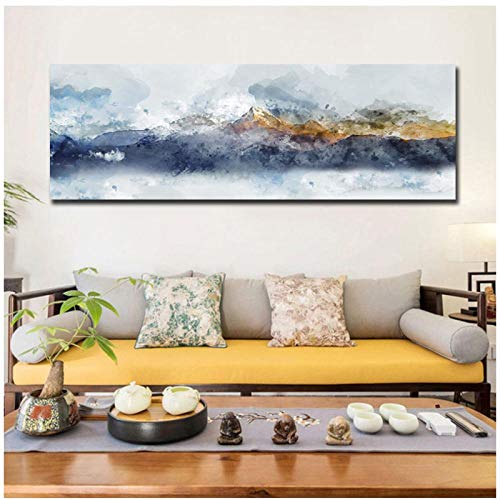 Muzimuzili Cuadro De Lienzo De Montaña Bule Y Amarillo, Cuadros De Pared Decorativos Modernos, Pintura Abstracta para Decoración del Hogar, Impresiones, 60X180Cm Sin Marco