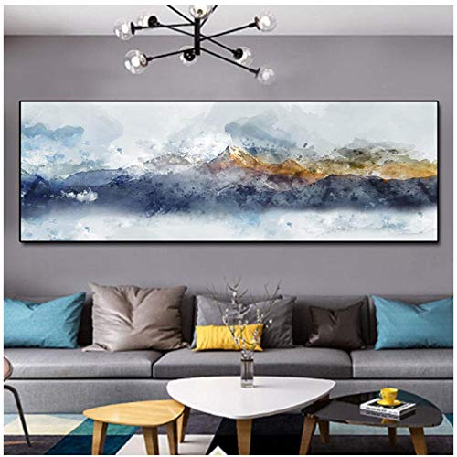 Muzimuzili Cuadro De Lienzo De Montaña Bule Y Amarillo, Cuadros De Pared Decorativos Modernos, Pintura Abstracta para Decoración del Hogar, Impresiones, 60X180Cm Sin Marco