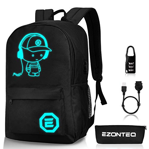 MySoja Official, Bolso Ligera de Escuela con Impermeable Amortiguar los choques Bolso noctilucente de la computadora Bolsa de Viaje con USB Puerto para niño niña Chico Chica Mujer Hombre - Negro 35L