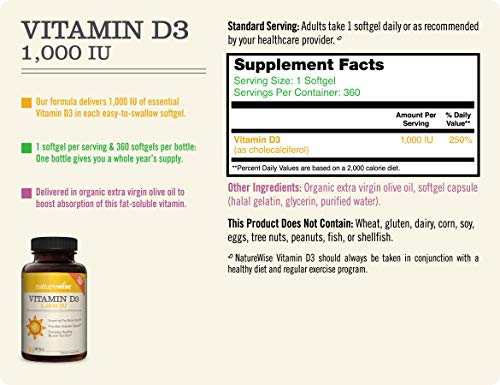 NatureWise Vitamina D3 1000 UI, función muscular saludable, salud ósea y apoyo inmunológico (suministro para 1 año, 360 unidades)