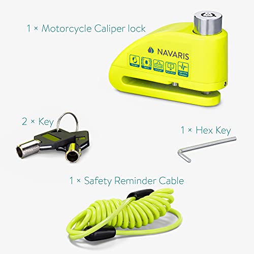 Navaris Candado para Disco de Freno - Pinza antirrobo para Moto con Alarma de 110db - Cepo con 1x Cable de 1.2 y 2X Llave para Motocicleta - Verde