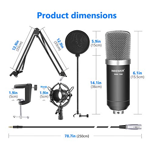 Neewer NW-700 Micrófono Condensador Pro Estudio Grabación de Emisión y NW-35 Micrófono Grabación Ajustable Suspensión Brazo de Tijera con Montaje de Choque y Abrazadera Montaje kit