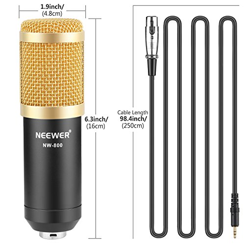 Neewer - NW-800 90088373 - Micrófono 48V Fuente Phantom con Adaptador de Corriente, Montaje de Choque, Cubierta de Espuma Anti-Viento, Cable de Audio XLR y Fuente de Alimentación - Color Negro