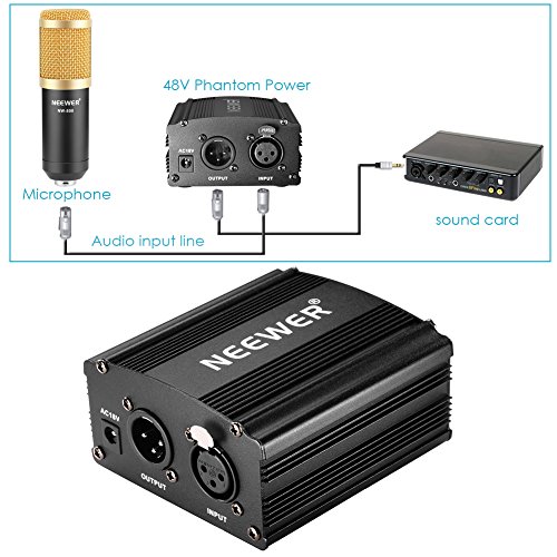 Neewer - NW-800 90088373 - Micrófono 48V Fuente Phantom con Adaptador de Corriente, Montaje de Choque, Cubierta de Espuma Anti-Viento, Cable de Audio XLR y Fuente de Alimentación - Color Negro