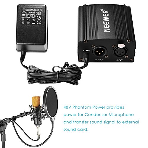 Neewer - NW-800 90088373 - Micrófono 48V Fuente Phantom con Adaptador de Corriente, Montaje de Choque, Cubierta de Espuma Anti-Viento, Cable de Audio XLR y Fuente de Alimentación - Color Negro