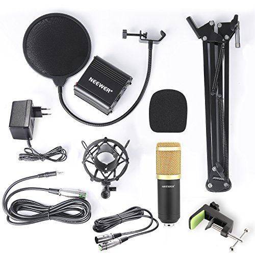 Neewer NW-800 Kit de Micrófono de Condensador de Oro - Fuente de Alimentación Negra 48V Phantom Soporte de Brazo de Tijeras NW-35 con Montaje de Choque y Filtro Pop Cable XLR