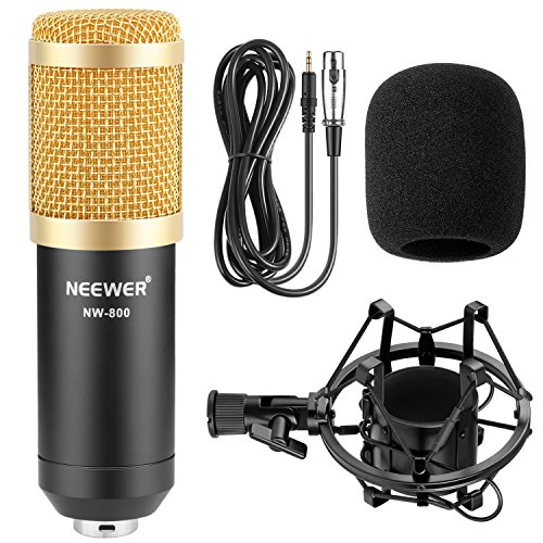 Neewer NW-800 Kit de Micrófono de Condensador de Oro - Fuente de Alimentación Negra 48V Phantom Soporte de Brazo de Tijeras NW-35 con Montaje de Choque y Filtro Pop Cable XLR