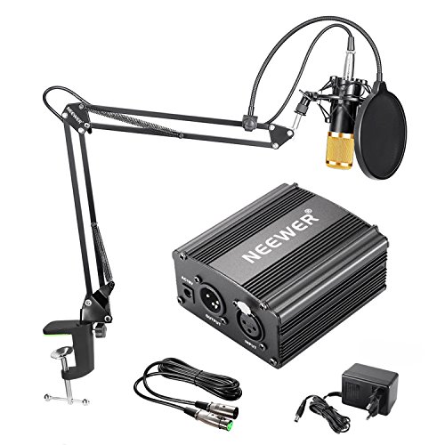 Neewer NW-800 Kit de Micrófono de Condensador de Oro - Fuente de Alimentación Negra 48V Phantom Soporte de Brazo de Tijeras NW-35 con Montaje de Choque y Filtro Pop Cable XLR