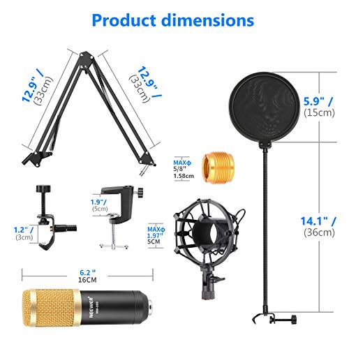 Neewer NW-800 Micrófono Condensador Profesional Estudio y NW-35 Micrófono Grabación Ajustable Suspensión Brazo de Tijera Soporte con Montaje Anti-choque y Kit Abrazadera de Montaje