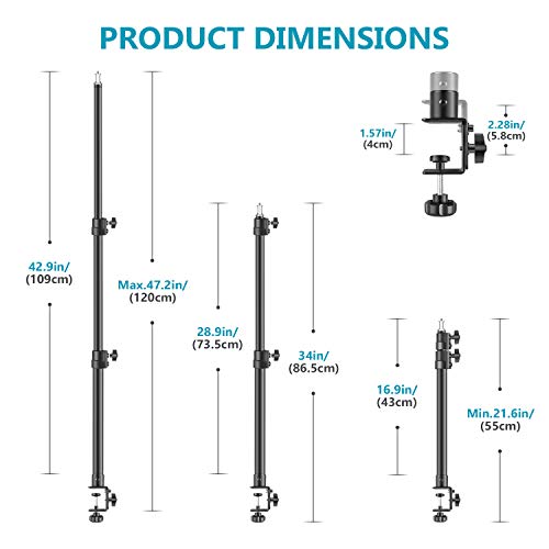 Neewer Soporte de Luz de Mesa con Clip con Tornillo de 1/4 Pulgada para Anillo de Luz y Luz LED Aleación Aluminio Capacidad de Carga 5KG Ajustable 55-120cm para Transmisión en Vivo Grabación de Video