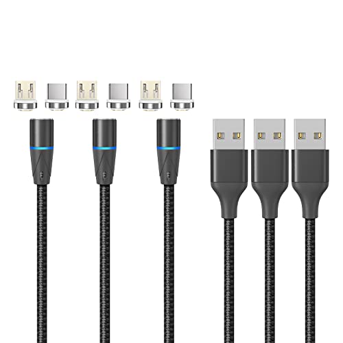 NetDot Gen12 Trenzado de Nylon Magnético Cable de Carga Rápida y Transferencia de Datos con LED Compatible con Dispositivo Micro USB y USB-C (1m/3 Paquete Negro)