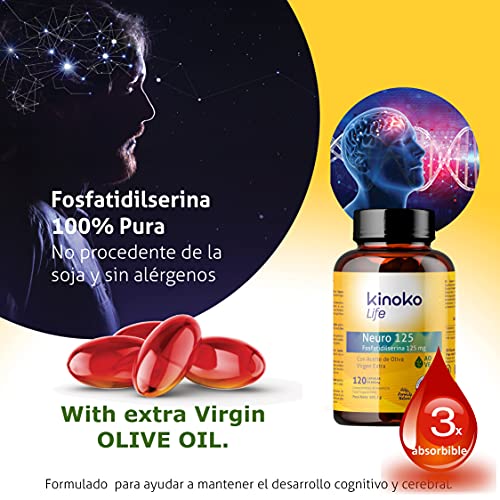 NEURO 125 | Fosfatidilserina 125mg Pura | 120 Cápsulas (Sofgels) | con Aceite Oliva extra Virgen | Libre de Soja | 3x Absorción | Alta Concentración | Sin estearato de magnesio | No OGM | PS