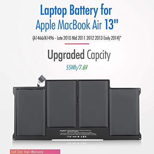 NinjaBatt Batería A1466 A1496 A1369 para Apple MacBook Air de 13 Pulgadas [2010 2011 2012 2013 2014 2015 2016 2017 Años] A1405 A1377 - Alta Capacidad [7200mAh/55Wh/7.6V]