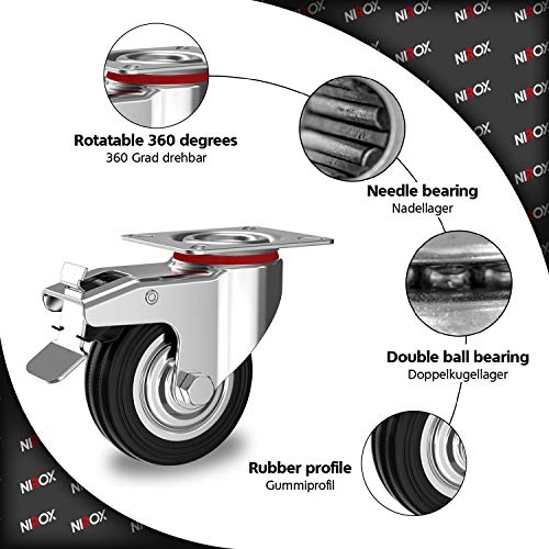 Nirox Juego de 4 Ruedas industriales 100 mm - Ruedas giratorias para cargas pesadas con freno hasta 280 kg - Ruedas para muebles para en interiores y exteriores - Ruedas pivotantes altura 130 mm