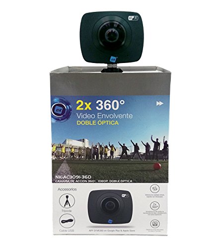 NK AC3091-36D - Cámara Acción Deportiva 360º, FullHD 1080p, Doble Óptica, Sistema Realidad Virtual, Soporte 360º YouTube, 1400 mAh, Micrófono, Compatible Android & iOS, Trípode de Regalo, Negro