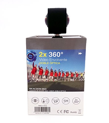 NK AC3091-36D - Cámara Acción Deportiva 360º, FullHD 1080p, Doble Óptica, Sistema Realidad Virtual, Soporte 360º YouTube, 1400 mAh, Micrófono, Compatible Android & iOS, Trípode de Regalo, Negro