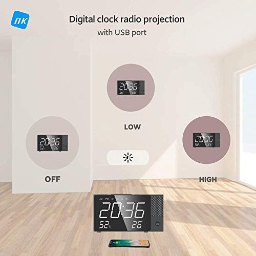 NK Radio Despertador Digital - Inteligente, FM Radio, Medidor Temperatura, Alarma, USB, Modo Noche, Proyección Horaria, Temporizador Sueño …