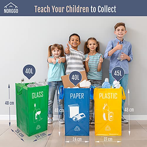 NORGGO Pack de 3 Bolsas Reciclaje Basura Colores | Contenedor Reciclaje para Papel, Vidrio y Plástico | Reciclaje Basura 3 cubos. Ideales para Reciclar en tu Hogar.