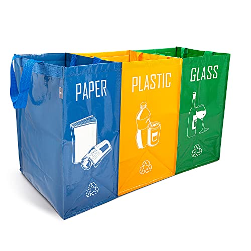 NORGGO Pack de 3 Bolsas Reciclaje Basura Colores | Contenedor Reciclaje para Papel, Vidrio y Plástico | Reciclaje Basura 3 cubos. Ideales para Reciclar en tu Hogar.