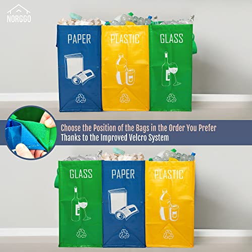 NORGGO Pack de 3 Bolsas Reciclaje Basura Colores | Contenedor Reciclaje para Papel, Vidrio y Plástico | Reciclaje Basura 3 cubos. Ideales para Reciclar en tu Hogar.