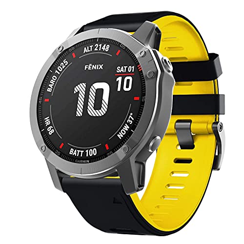 NotoCity Correa Compatible con Fenix 6X Easy Fit 26 mm Pulsera de Silicona para Fenix 6X/Fenix 6X Pro/Fenix 5X/Fenix 5X Plus/Fenix 3/Fenix 3 HR (Negro-Amarillo)