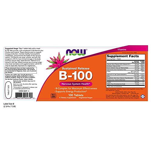 Now Foods La vitamina B-100 de liberación sostenida - 100 tabletas 100 Unidades 180 g