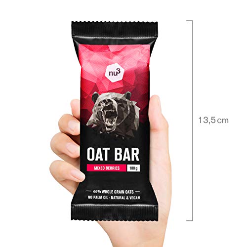 nu3 Barritas energéticas de avena – Sin aceite de palma (15x 100 gr) – Deliciosa flab jack bar – Energía vegana con 4,2g de fibra – Para montañismo, ciclismo o excursión – Sabor mezcla de bayas