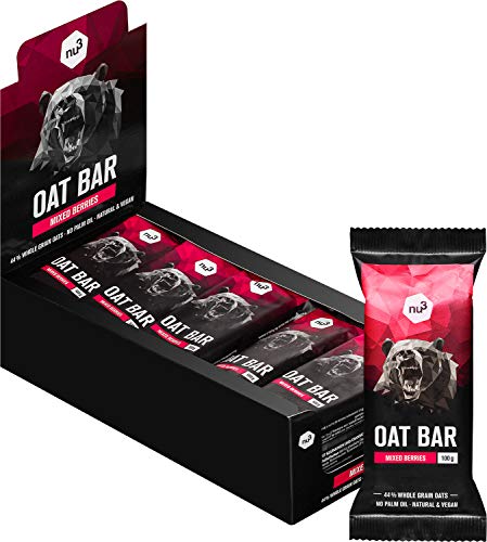 nu3 Barritas energéticas de avena – Sin aceite de palma (15x 100 gr) – Deliciosa flab jack bar – Energía vegana con 4,2g de fibra – Para montañismo, ciclismo o excursión – Sabor mezcla de bayas