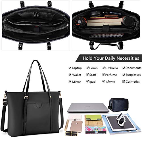 NUBILY Bolsos Universidad Mujer Grande para Ordenador Portátil 15.6 Pulgadas Impermeable Bolso Shopper PU Piel Bolsos de Mujer Bandolera Bolsa Tote Cuero Negro