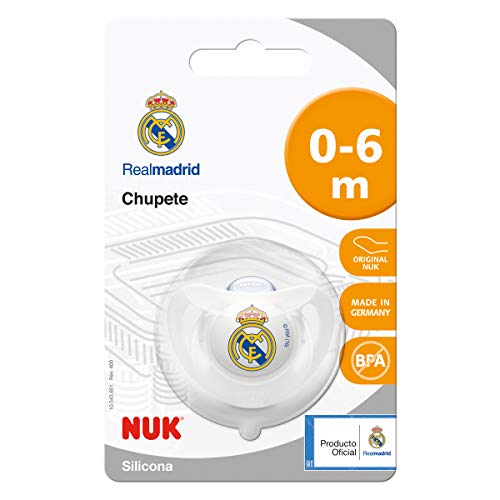 NUK Genius, Chupete del Real Madrid para Bebé Recién Nacido de Silicona con Tetina Anatómica en Forma de Pezón Materno. Producto Oficial. Color Blanco. 0 a 6 meses