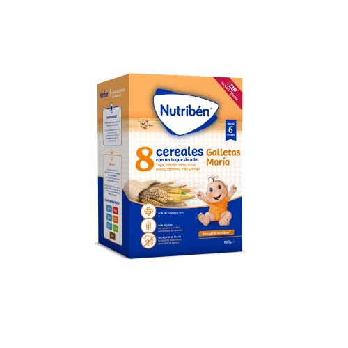 Nutribén Papilla 8 Cereales Con Un Toque De Miel Y Galletas María, Sin aceite de Palma - Alimento Para bebés- Desde Los 6 Meses- Pack De 6 unidades x 600 g