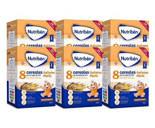 Nutribén Papilla 8 Cereales Con Un Toque De Miel Y Galletas María, Sin aceite de Palma - Alimento Para bebés- Desde Los 6 Meses- Pack De 6 unidades x 600 g