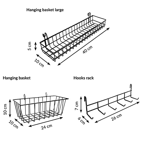 ODOXIA Cestas para Colgar con Perchero | Accesorios para Paneles de Rejilla | Accesorios para Paneles de Rejilla | Cestas para Pared de Alambre y Ganchos para Colgar