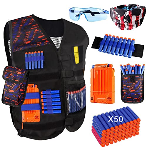 OFUN Táctico para Niños 56pcs, Chaleco Táctico para Pistolas Nerf N-Strike Elite + 50 Dardos + 1 Pañuelos Bandanas + 1 Protección Gafas + 1 Clips de liberación rápida + 1 Pulsera + 1 Bolsa de Dardos