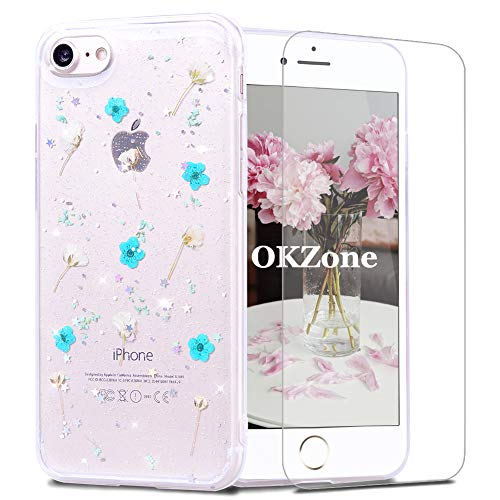 OKZone Funda iPhone 8 / iPhone 7 (4,7 Pulgadas) [con Protector Pantalla], [Flor Eterna] Flor Eterna Hecho a Mano Transparente Silicona Suave TPU Silicona Cárcasa Case Ultra Fina Cover (Verde)