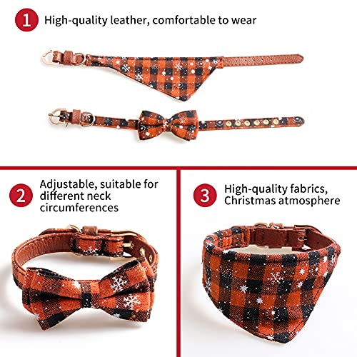 OmeHoin Conjunto de collar y bandana para perros y gatos, collar de Navidad clásico de copo de nieve a cuadros con lazo y baberos triangulares, pañuelo de copo de nieve a cuadros naranja + bandana