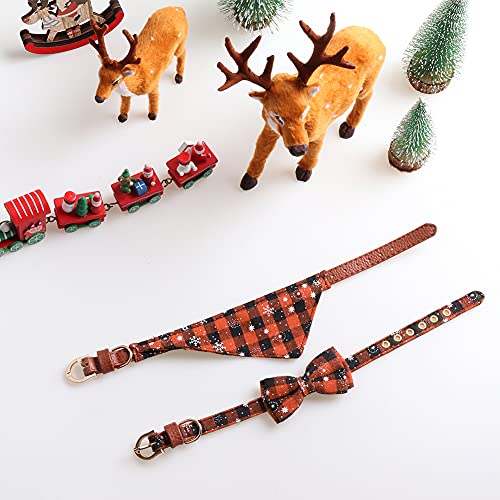 OmeHoin Conjunto de collar y bandana para perros y gatos, collar de Navidad clásico de copo de nieve a cuadros con lazo y baberos triangulares, pañuelo de copo de nieve a cuadros naranja + bandana