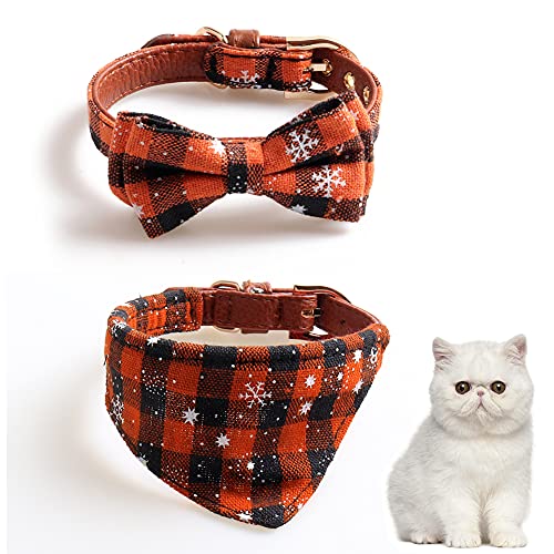 OmeHoin Conjunto de collar y bandana para perros y gatos, collar de Navidad clásico de copo de nieve a cuadros con lazo y baberos triangulares, pañuelo de copo de nieve a cuadros naranja + bandana