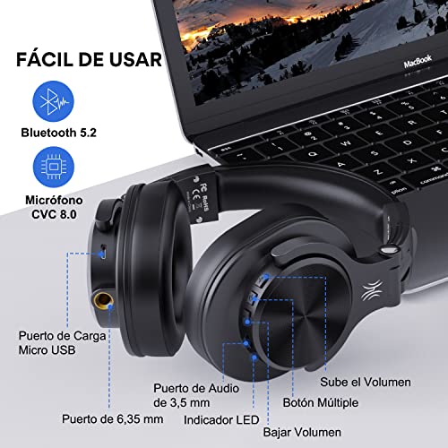 OneOdio A70 Auricurales Bluetooth Inalambricos 72H, Auriculares Cable de 3.5mm, Auriculares Diadema Cerrados 90° Ajustable con Puerto Compartido, para DJ Piano Guitarra Grabación y Monitorización AMP