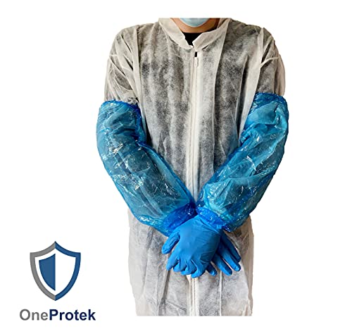 OneProtek – 100 Piezas Mangas de brazo desechables - Fundas protectoras para brazos PE - Impermeables, con extremos elásticos, talla única (45 cm) - Azul